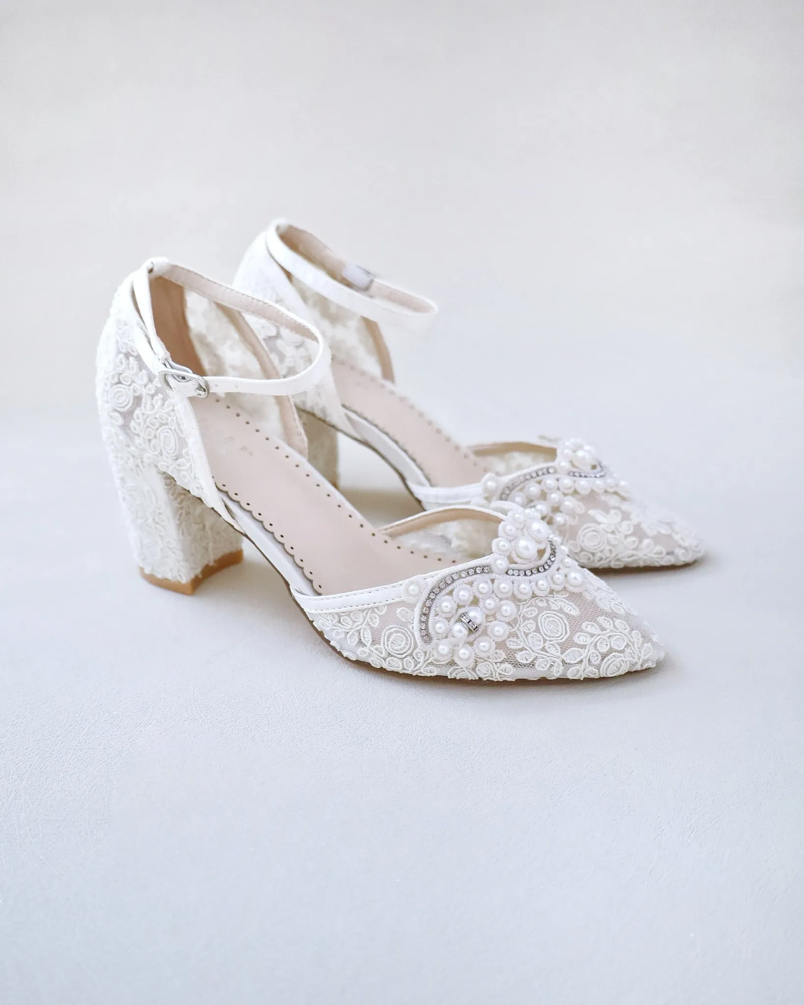 Lace Block Heel Pearl Ankle Wrap For Brides