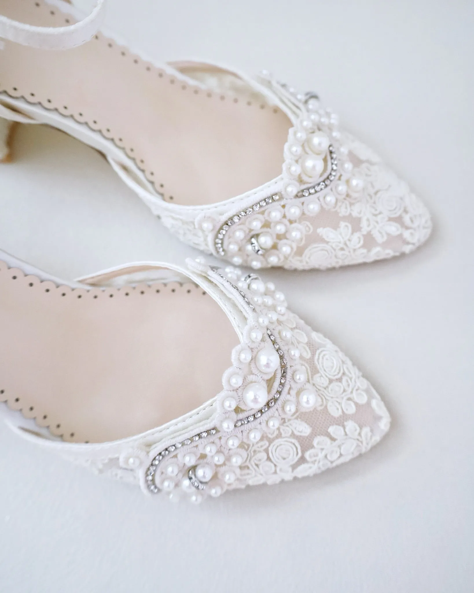 Lace Block Heel Pearl Ankle Wrap For Brides