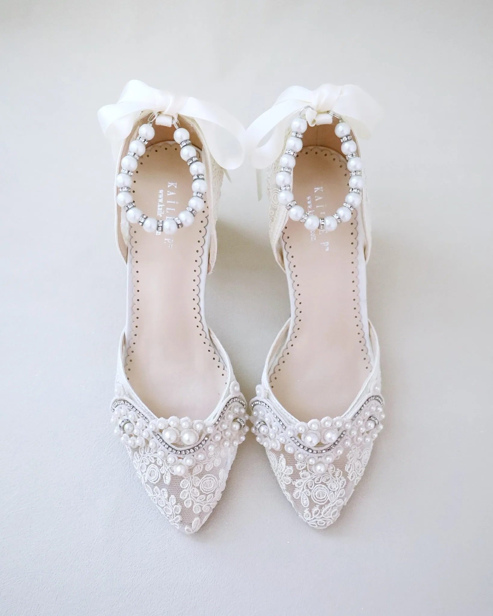 Lace Block Heel Pearl Ankle Wrap For Brides