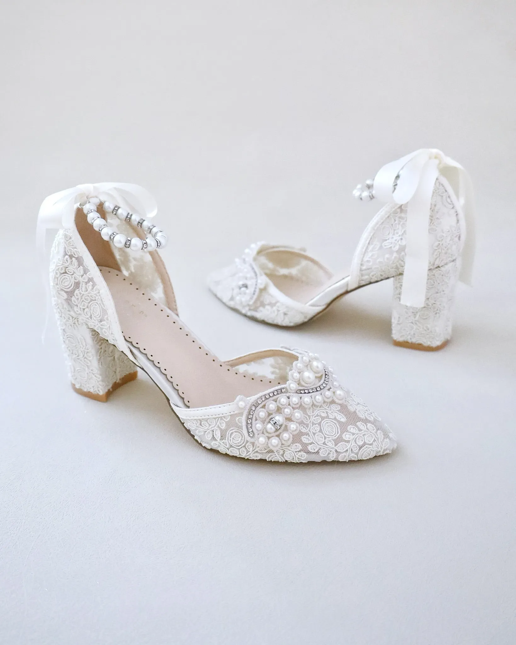 Lace Block Heel Pearl Ankle Wrap For Brides
