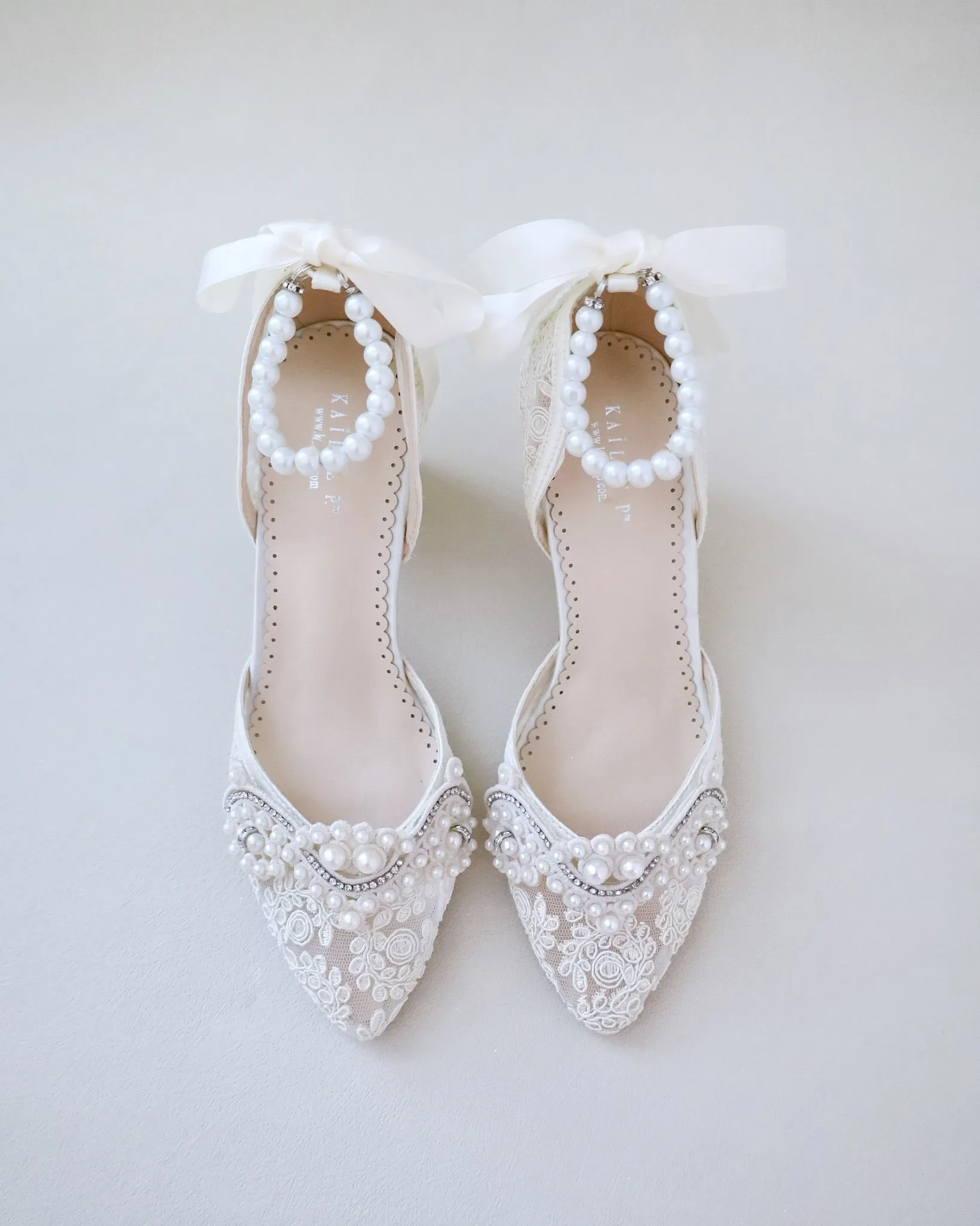 Lace Block Heel Pearl Ankle Wrap For Brides