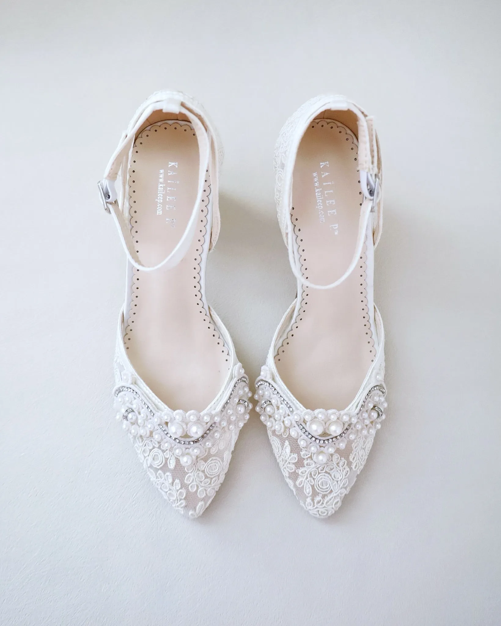 Lace Block Heel Pearl Ankle Wrap For Brides