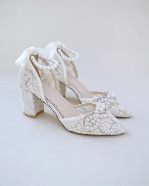 Lace Block Heel Pearl Ankle Wrap For Brides