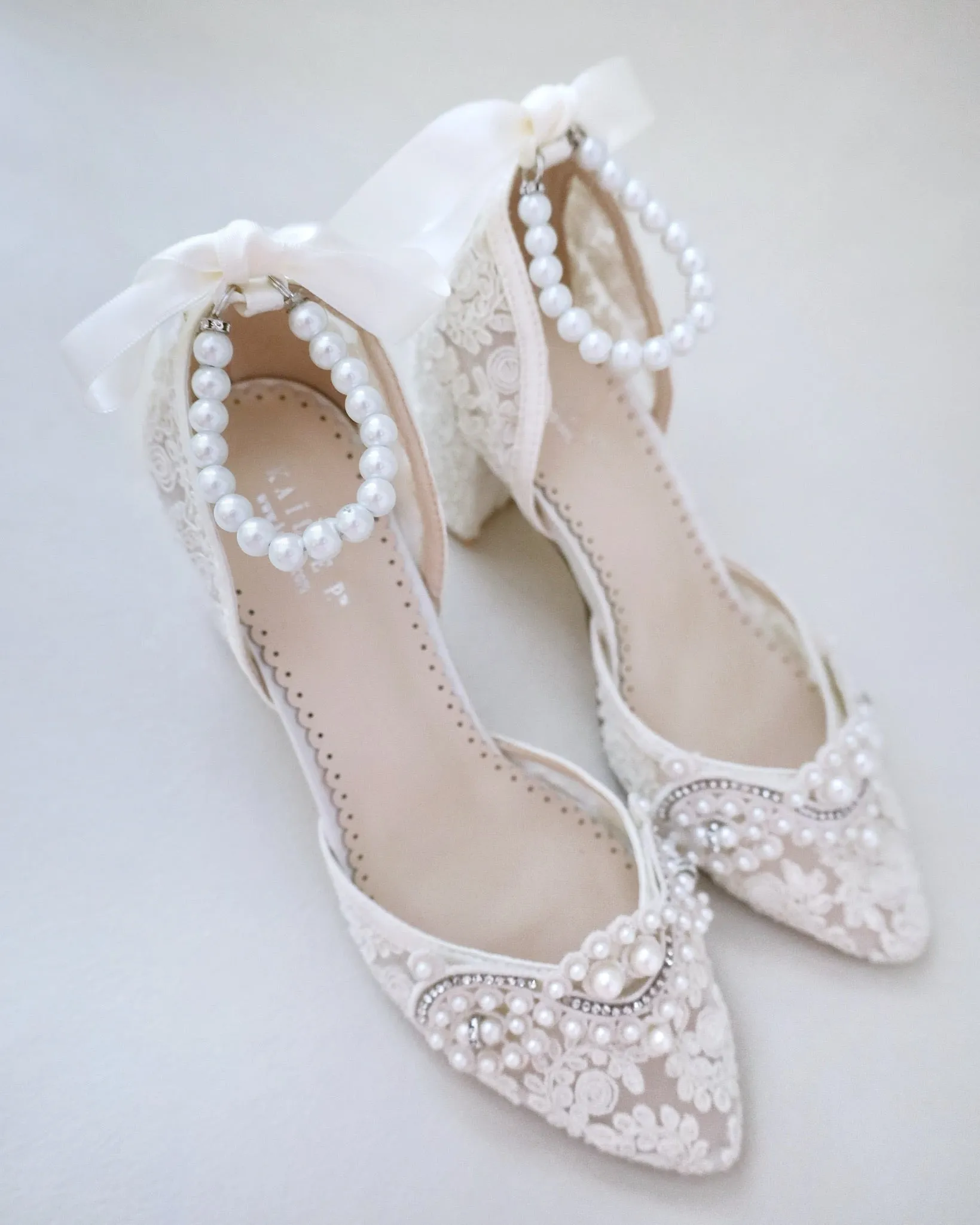 Lace Block Heel Pearl Ankle Wrap For Brides