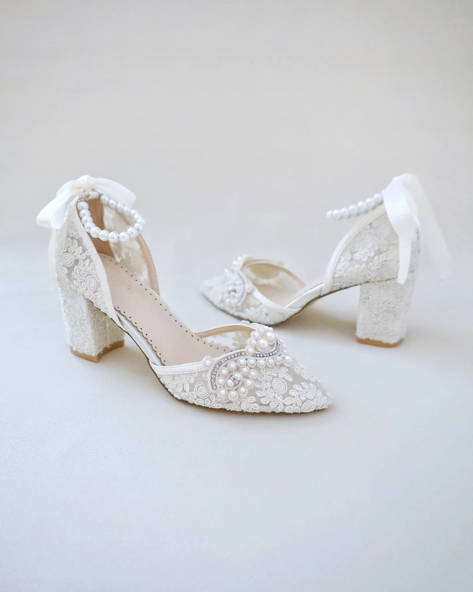 Lace Block Heel Pearl Ankle Wrap For Brides