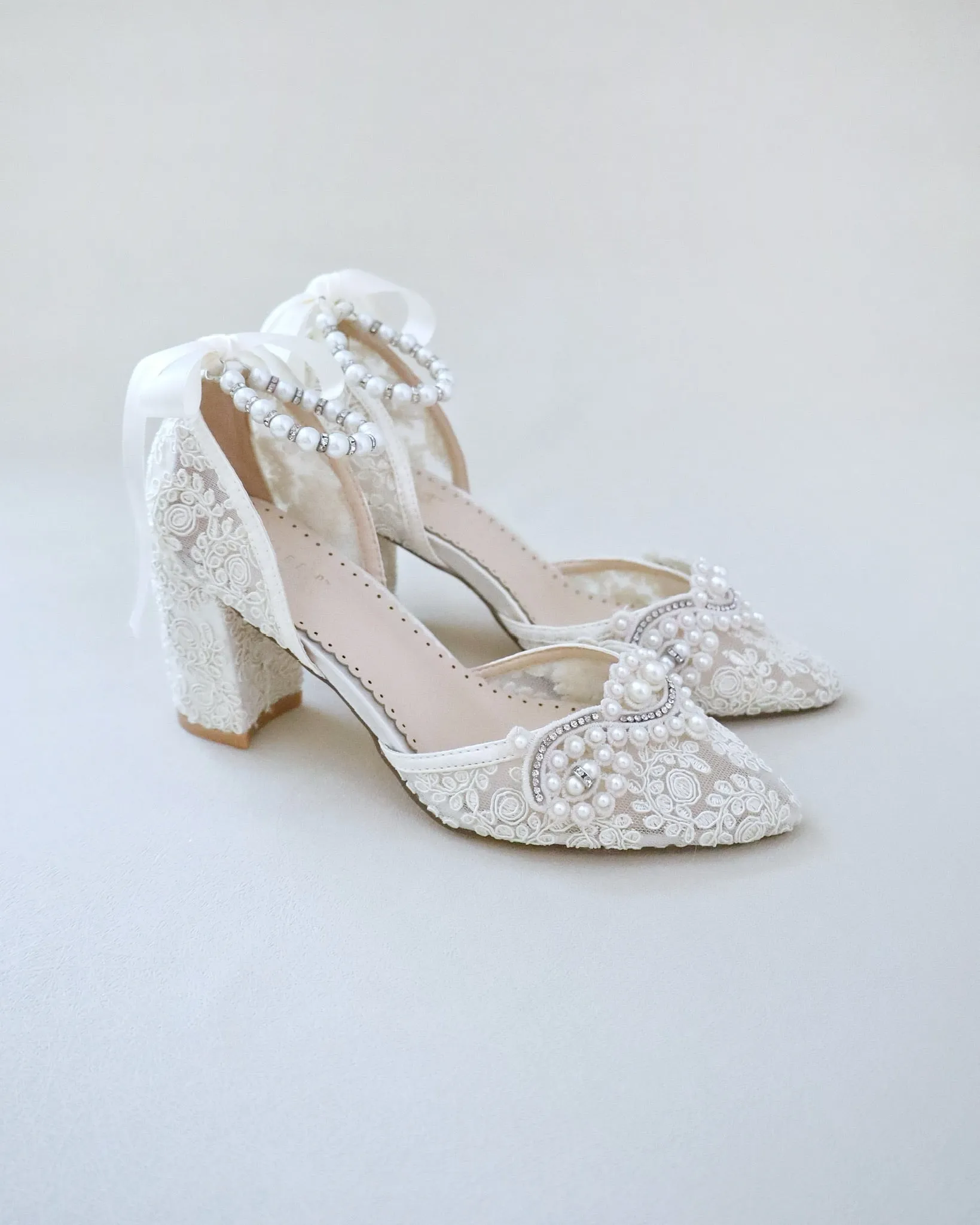 Lace Block Heel Pearl Ankle Wrap For Brides