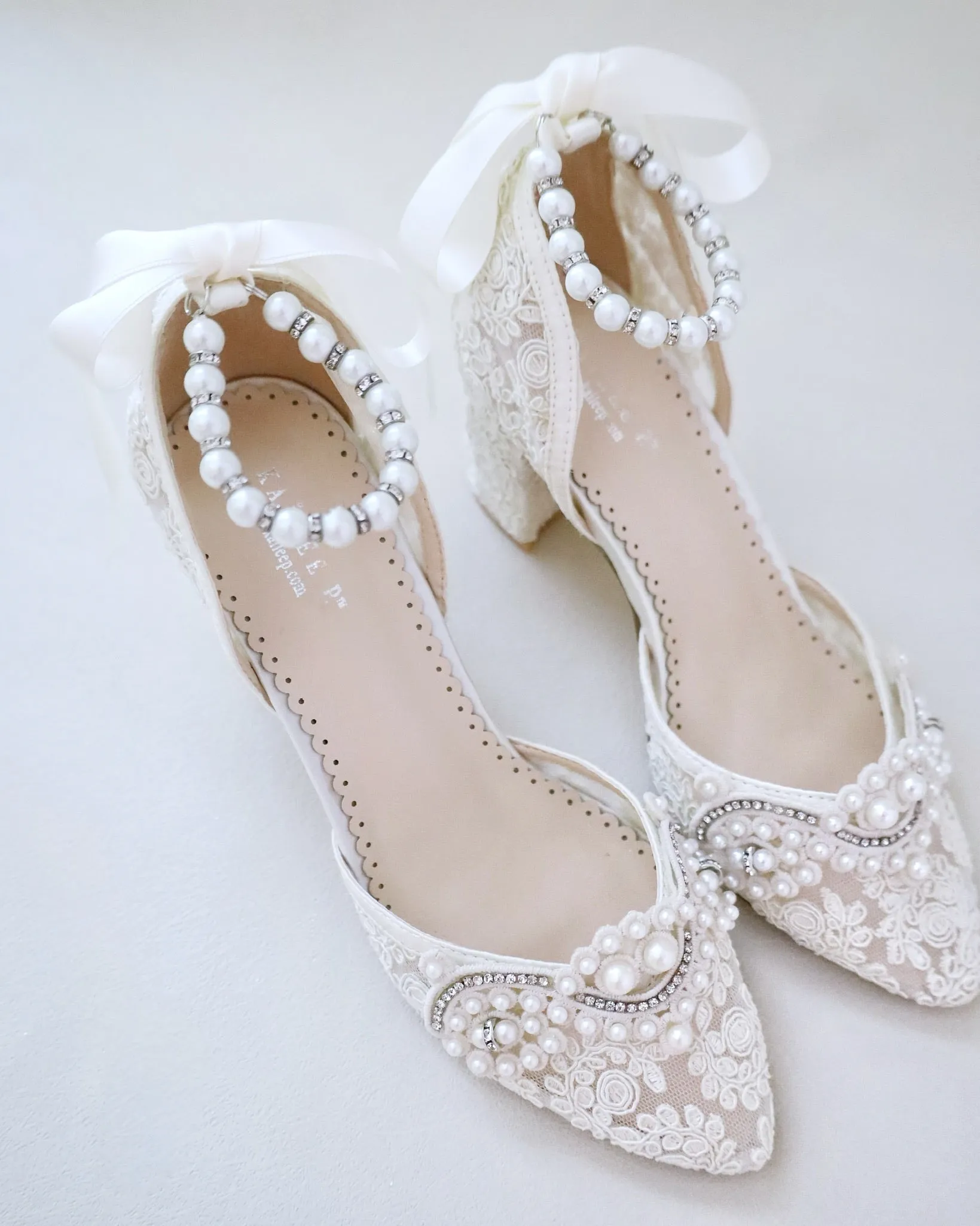 Lace Block Heel Pearl Ankle Wrap For Brides
