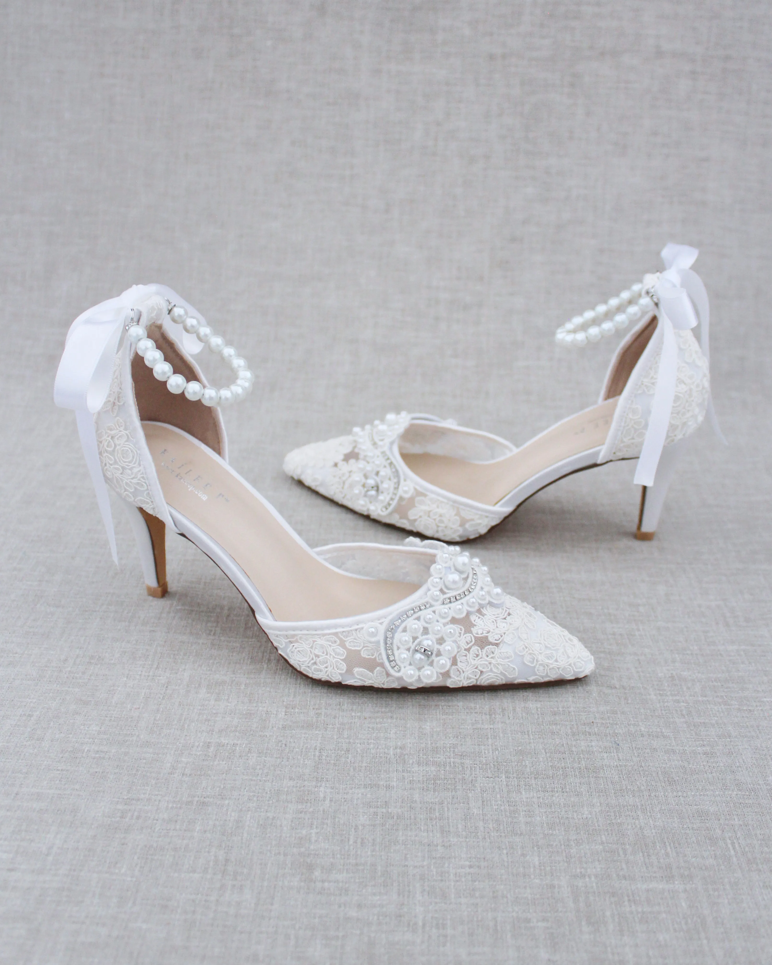 Lace Bridal Heels with Pearl Detail
