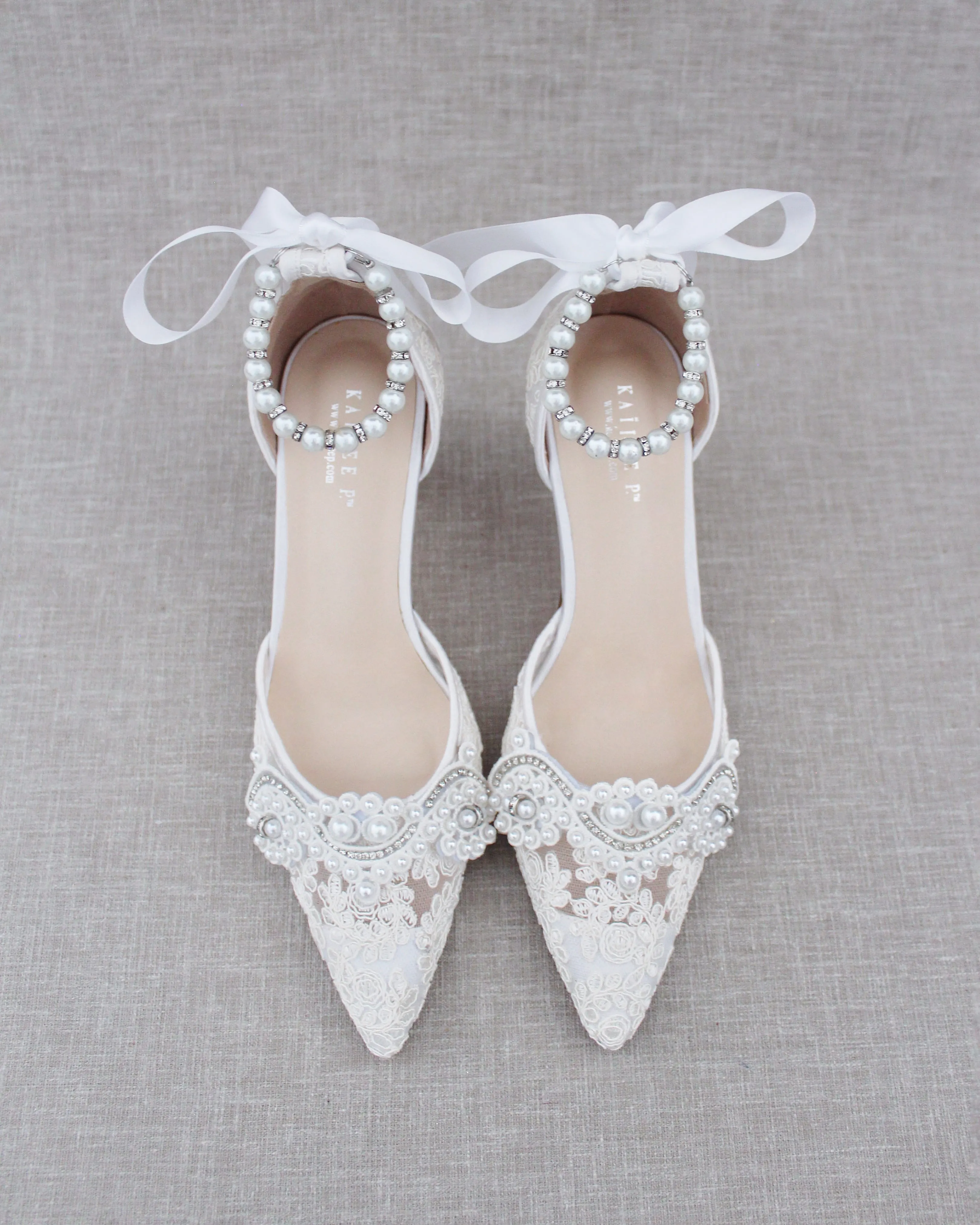Lace Bridal Heels with Pearl Detail