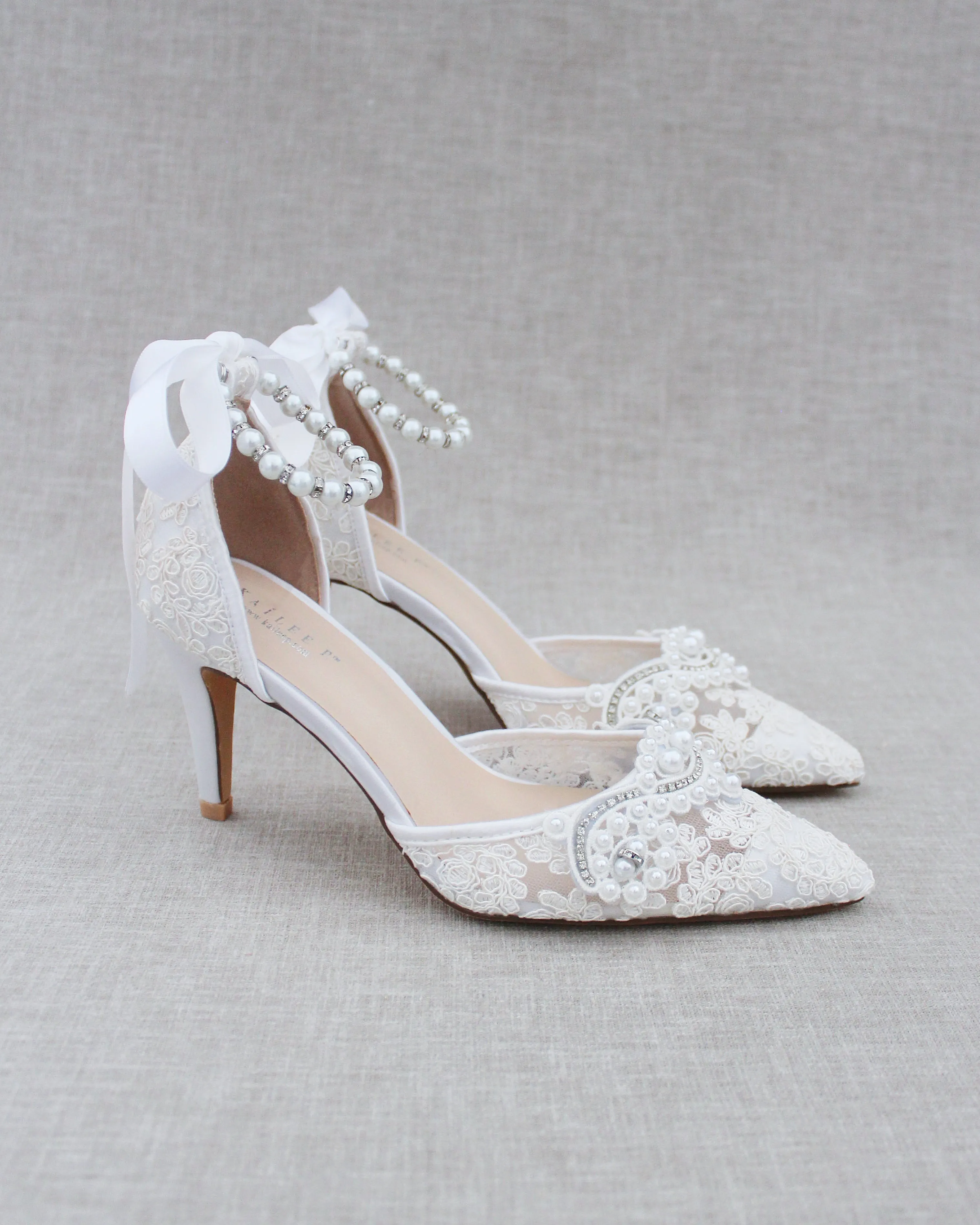 Lace Bridal Heels with Pearl Detail