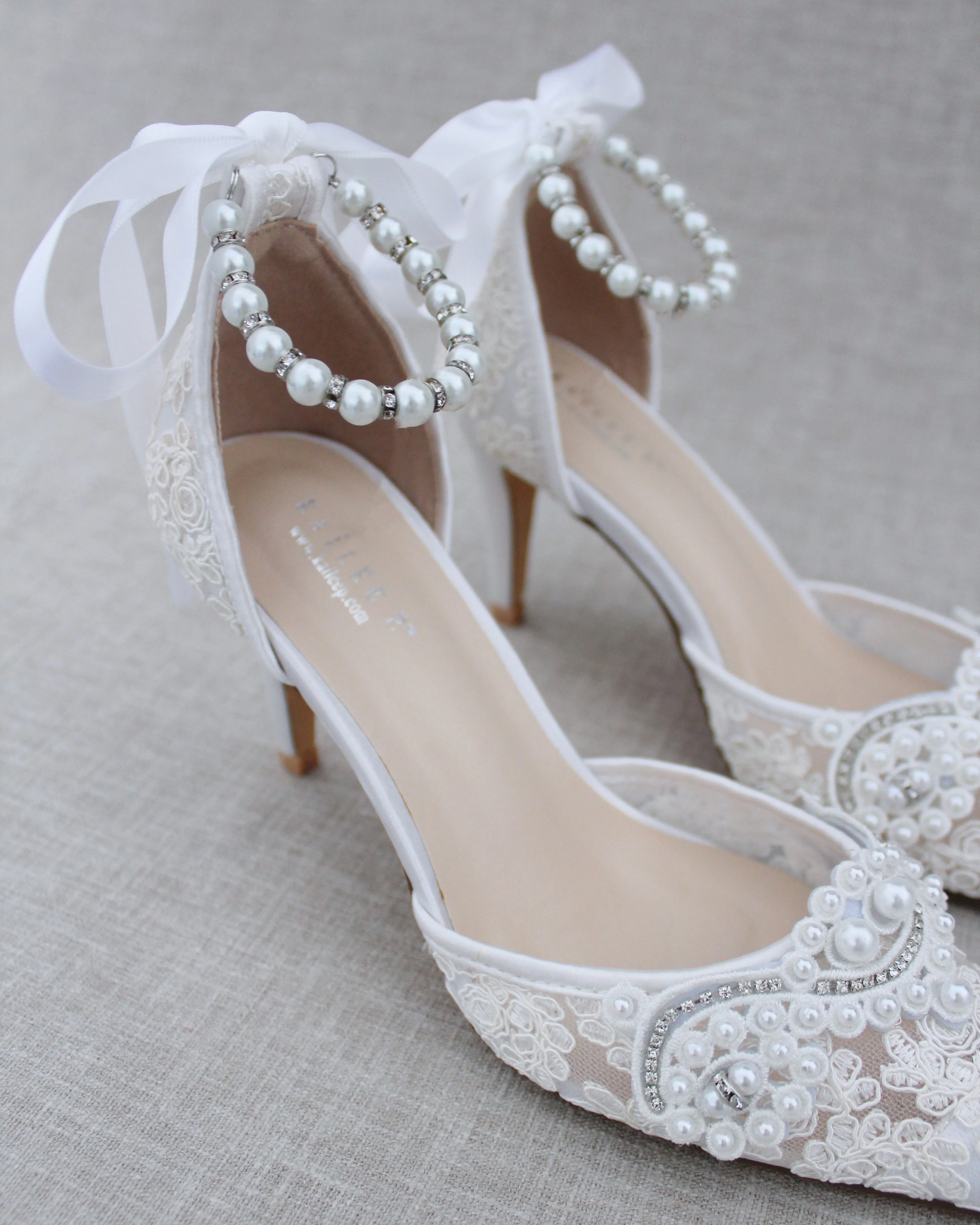 Lace Bridal Heels with Pearl Detail