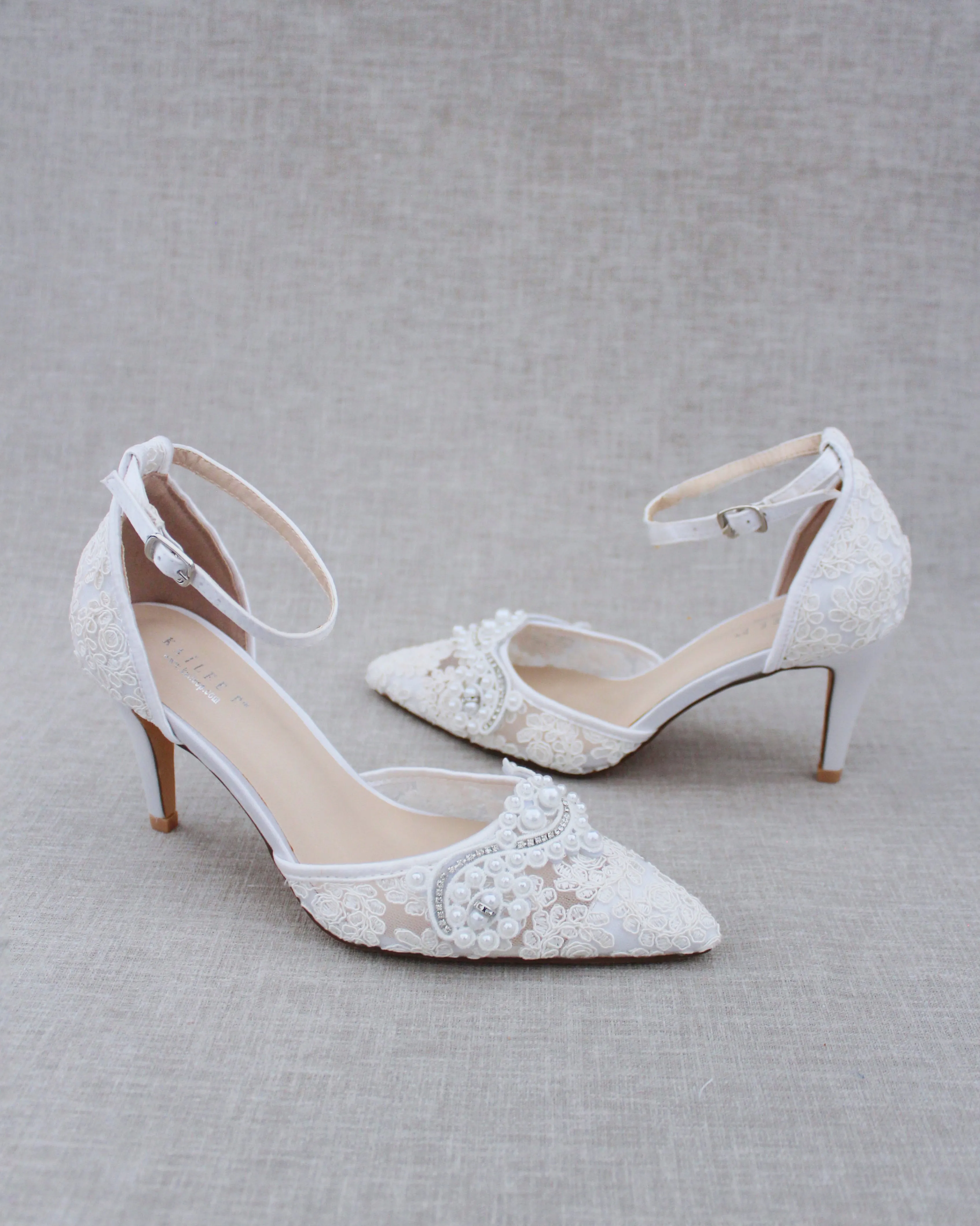 Lace Bridal Heels with Pearl Detail