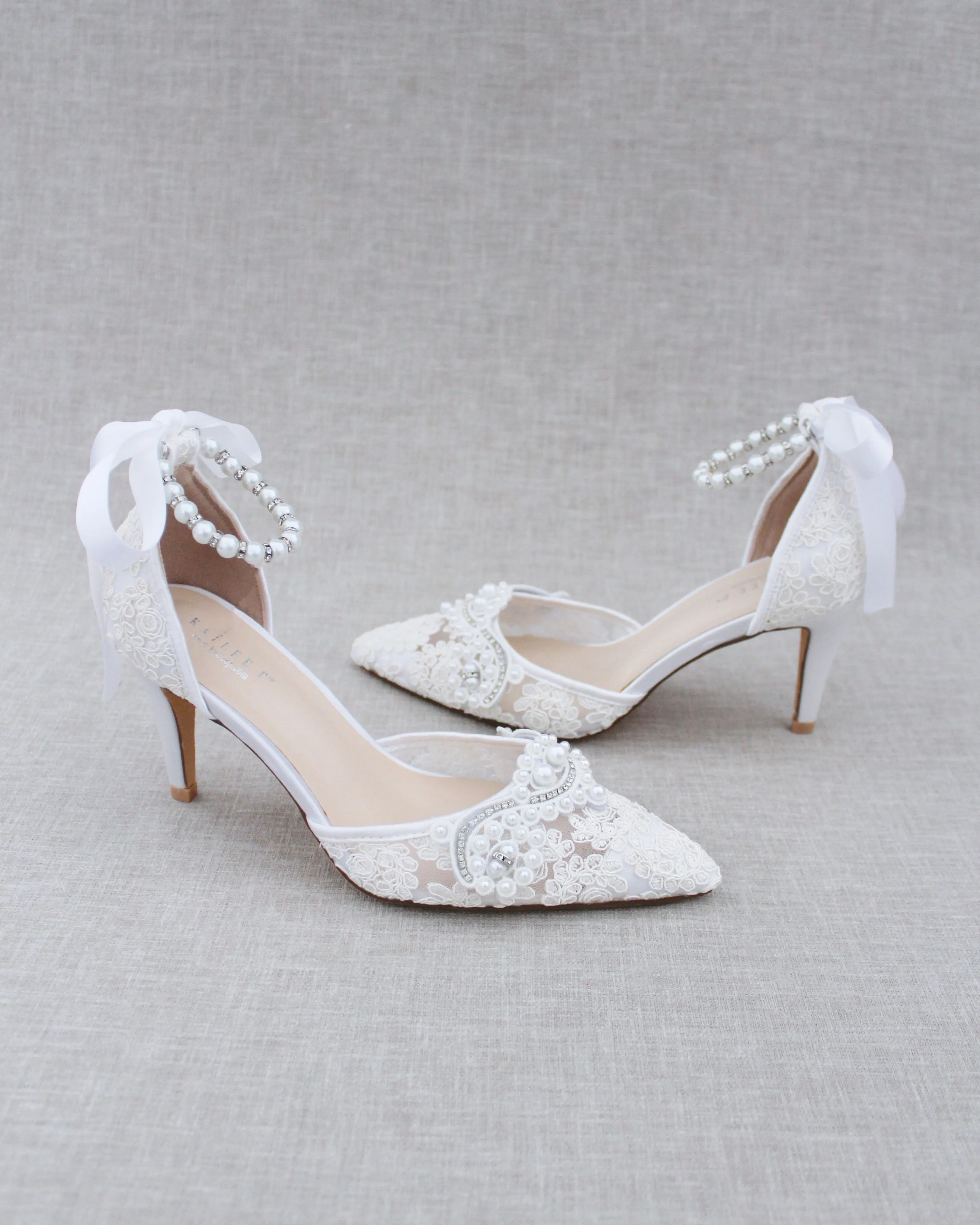 Lace Bridal Heels with Pearl Detail