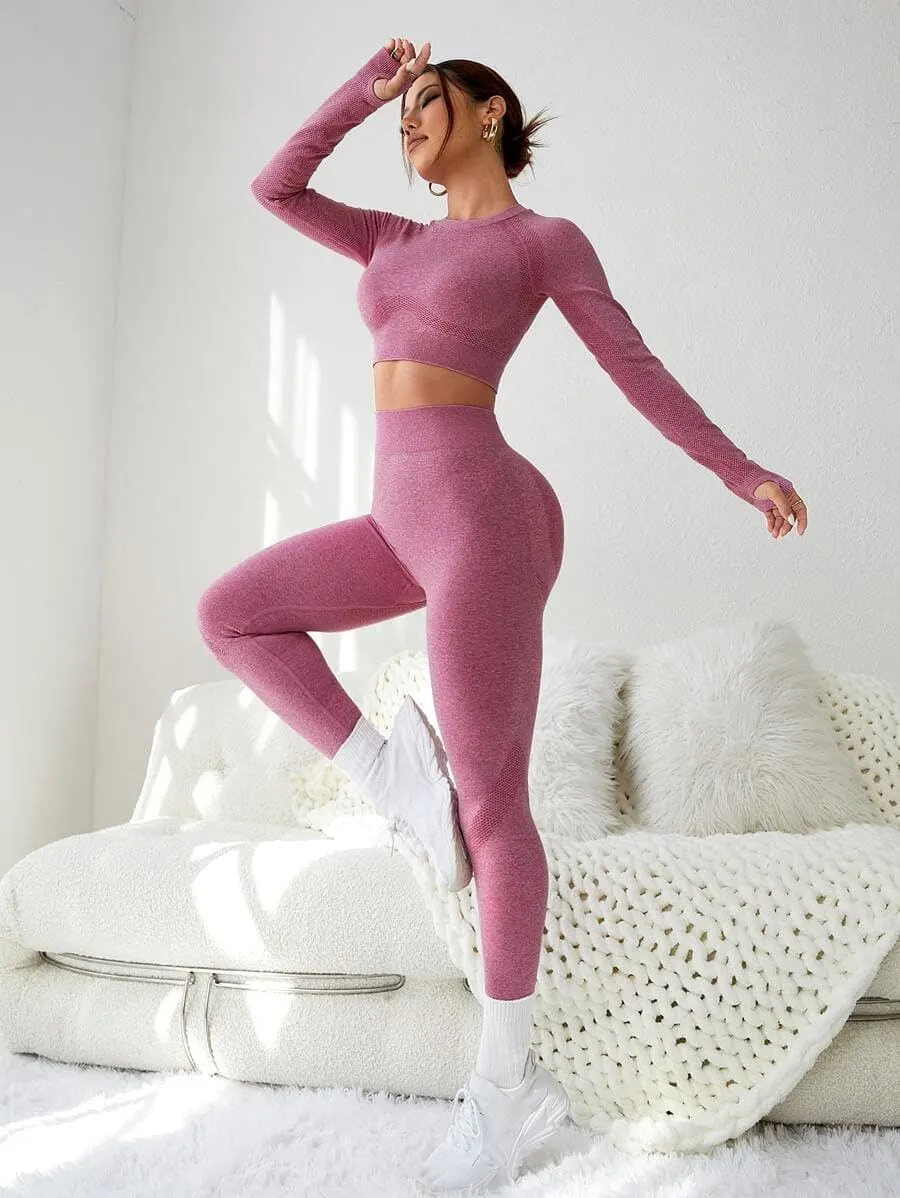 LIGHT DOT Women's Workout Outfits 2 Pieces Yoga Suits Long Sleeve Crop Top High Waist Sport Leggings Active Gym Set (Pink)