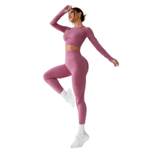 LIGHT DOT Women's Workout Outfits 2 Pieces Yoga Suits Long Sleeve Crop Top High Waist Sport Leggings Active Gym Set (Pink)