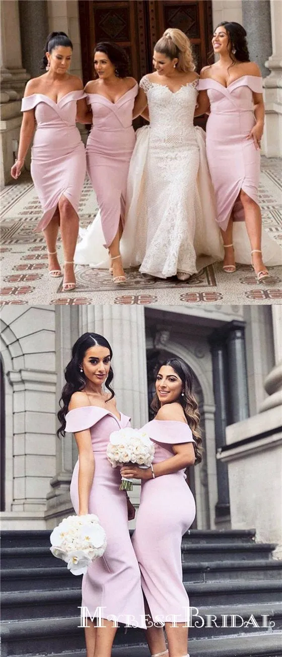 Lovely Off-Shoulder Short Cheap Bridesmaid Dresses with Sexy Slit, TYP0004