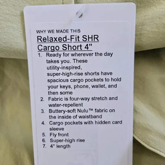 Lululemon Relaxed Fit SHR Cargo Short 4&quot; Finch Yellow FIYE Women's Size 10