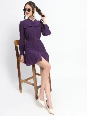 Madame Buckle Detailed Solid Purple Shirt Dress For Women