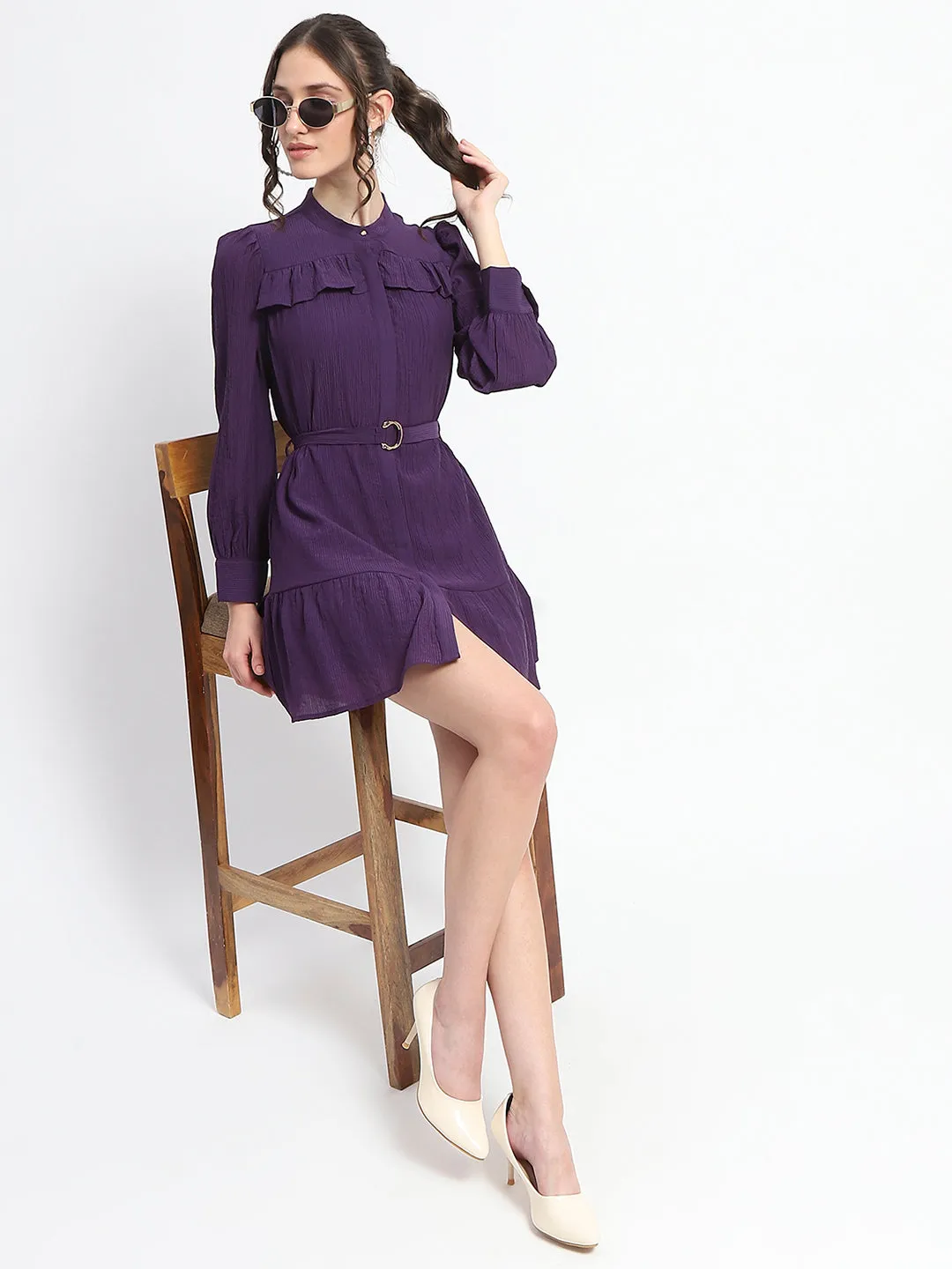Madame Buckle Detailed Solid Purple Shirt Dress For Women