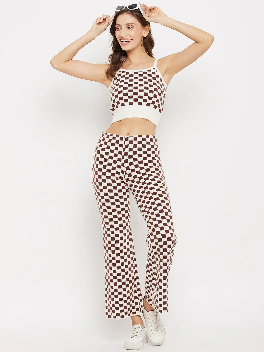 Madame Offwhite Check Printed  Co-Ord Set