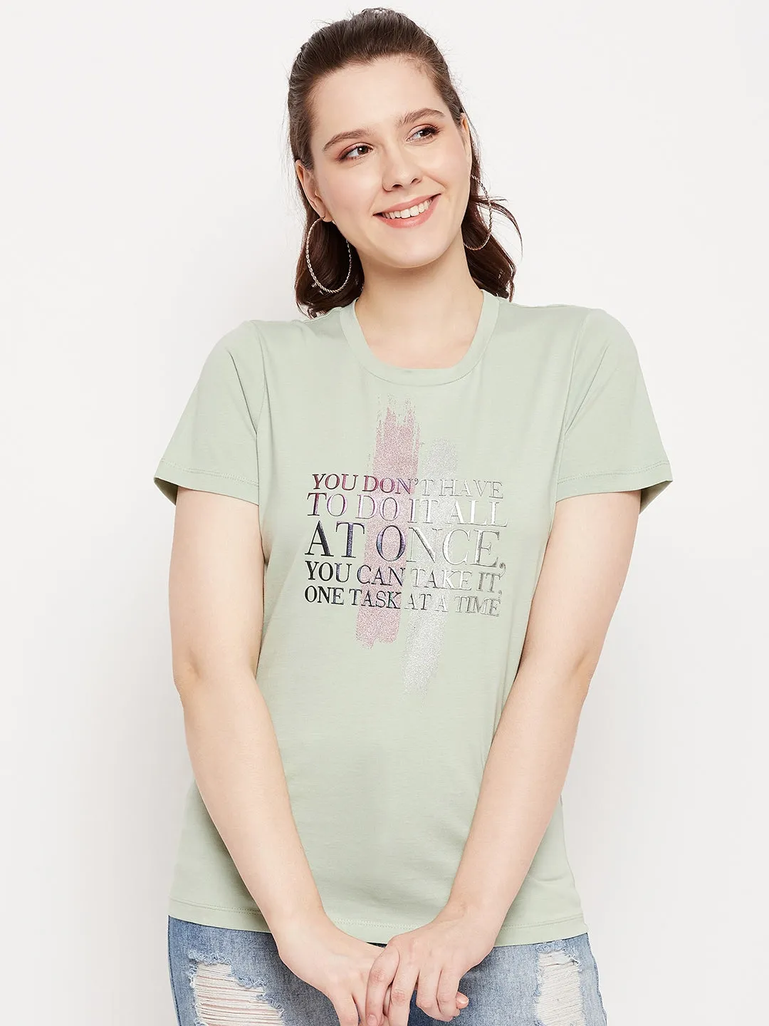 Madame Seagreen Crew Neckline  Typography Tshirt