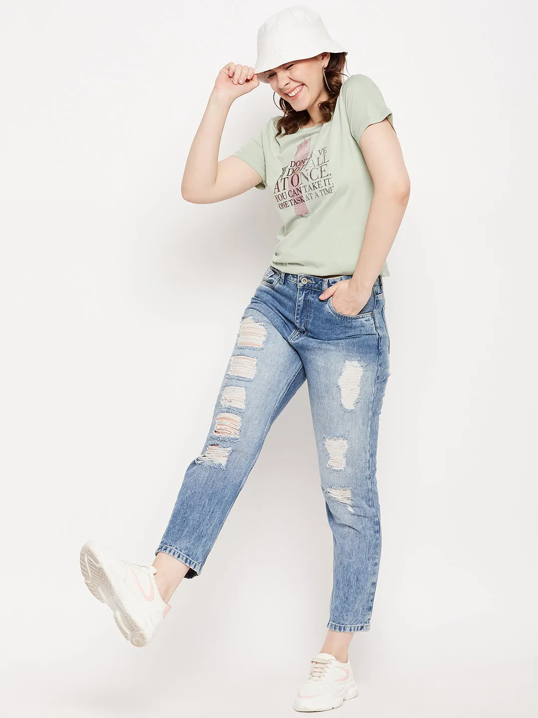 Madame Seagreen Crew Neckline  Typography Tshirt