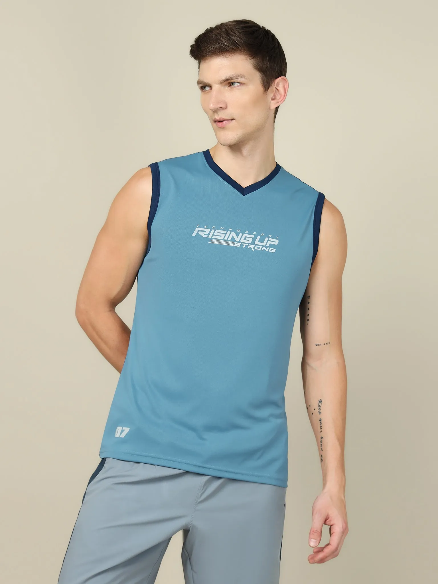 Men Solid Slim Fit V Neck Sleeveless T-shirt with TECHNO COOL  