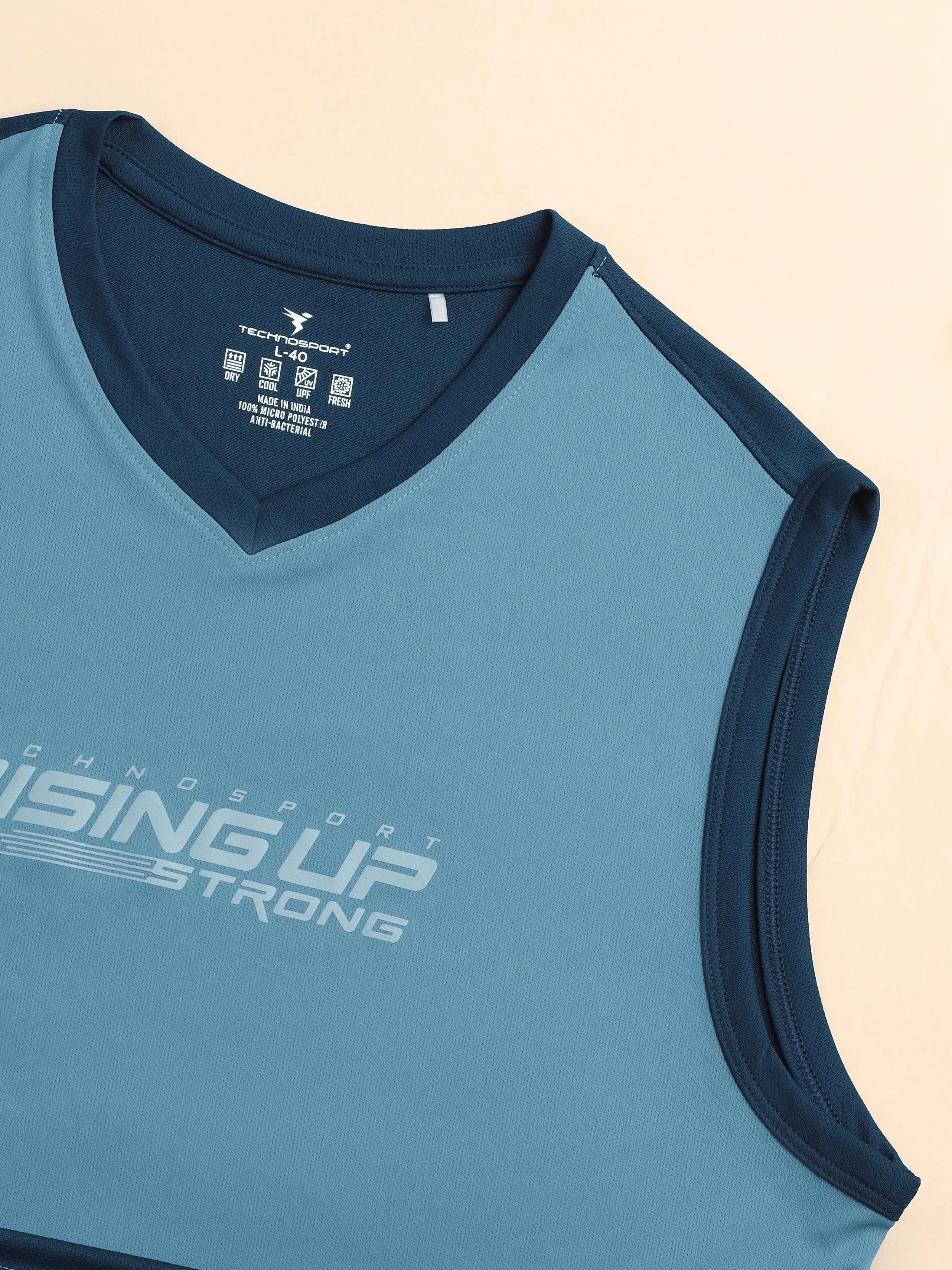 Men Solid Slim Fit V Neck Sleeveless T-shirt with TECHNO COOL  