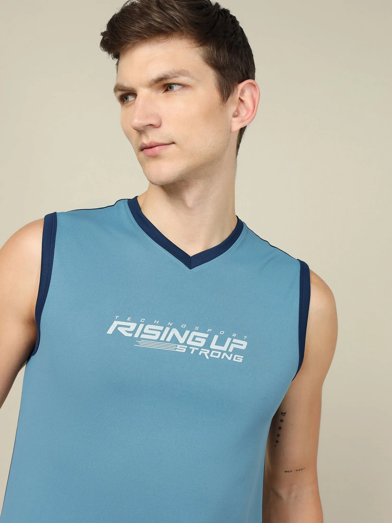 Men Solid Slim Fit V Neck Sleeveless T-shirt with TECHNO COOL  