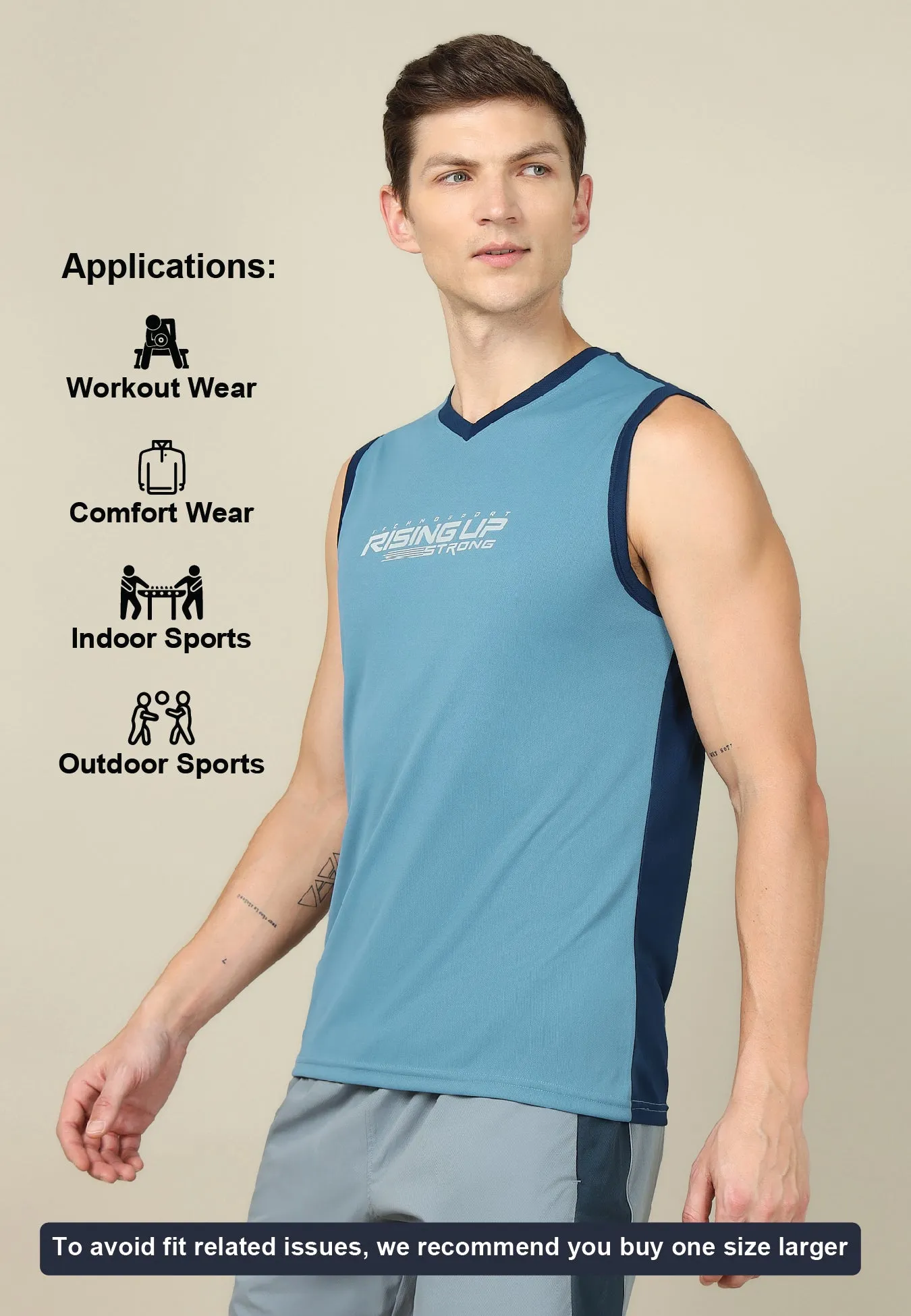 Men Solid Slim Fit V Neck Sleeveless T-shirt with TECHNO COOL  
