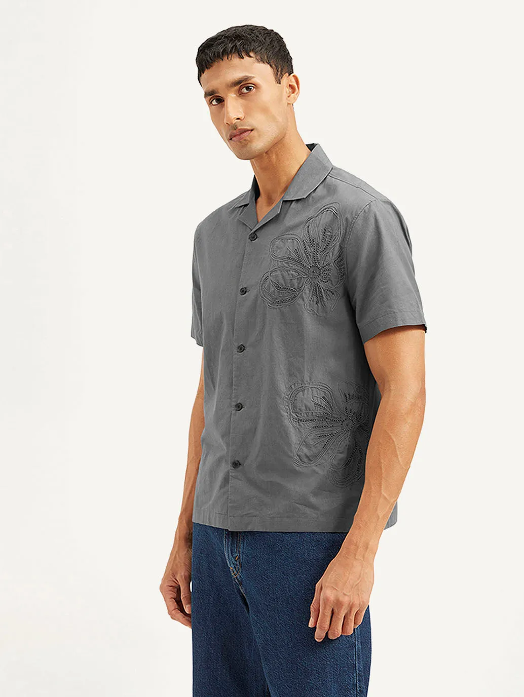 Men's Resort Collar Embroidered Relaxed Fit Shirt