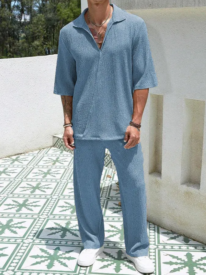 Men’s Summer 2-Piece Set – V-Neck Shirt & Long Pants