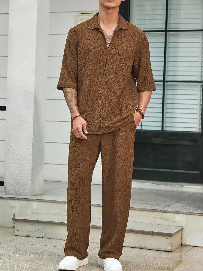 Men’s Summer 2-Piece Set – V-Neck Shirt & Long Pants