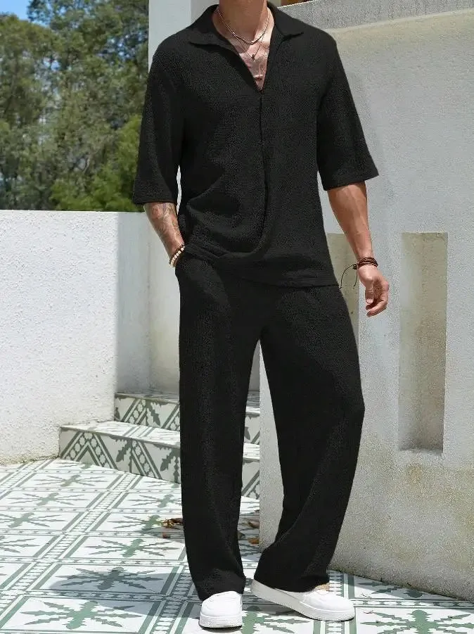 Men’s Summer 2-Piece Set – V-Neck Shirt & Long Pants