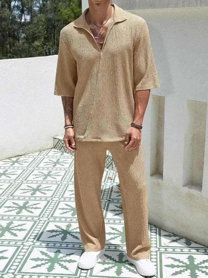 Men’s Summer 2-Piece Set – V-Neck Shirt & Long Pants