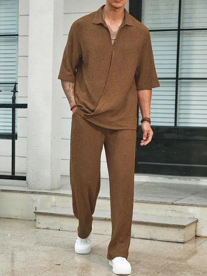 Men’s Summer 2-Piece Set – V-Neck Shirt & Long Pants
