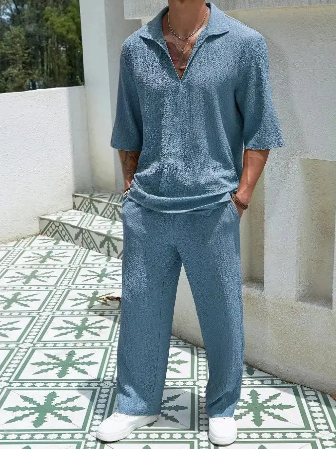Men’s Summer 2-Piece Set – V-Neck Shirt & Long Pants