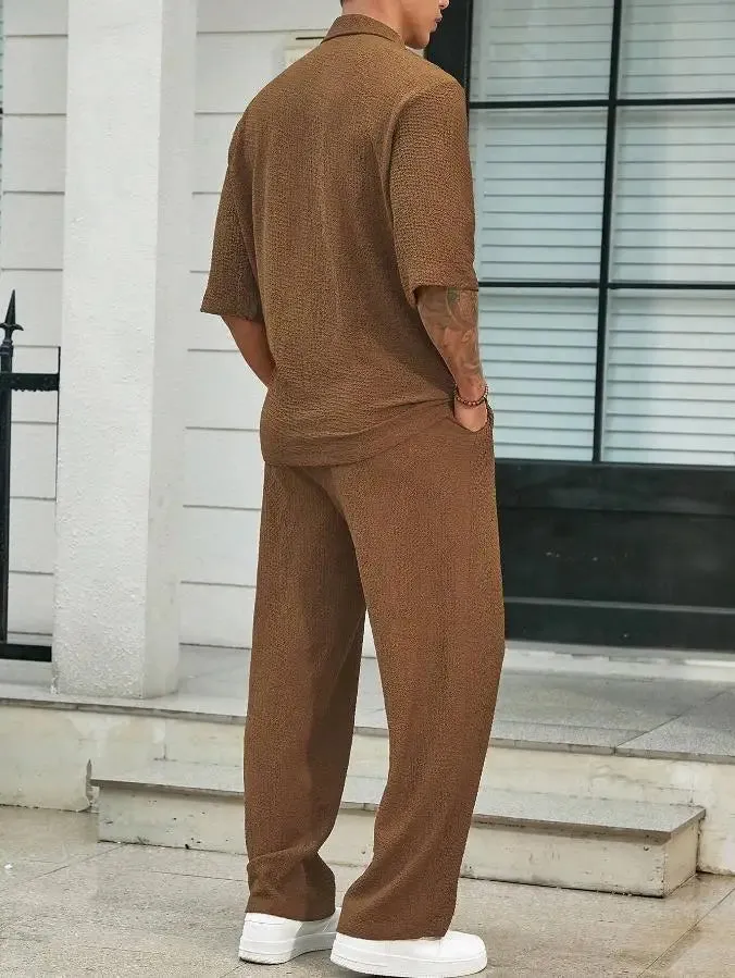 Men’s Summer 2-Piece Set – V-Neck Shirt & Long Pants