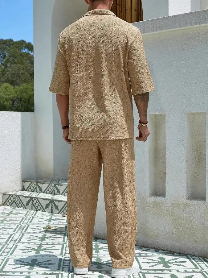 Men’s Summer 2-Piece Set – V-Neck Shirt & Long Pants