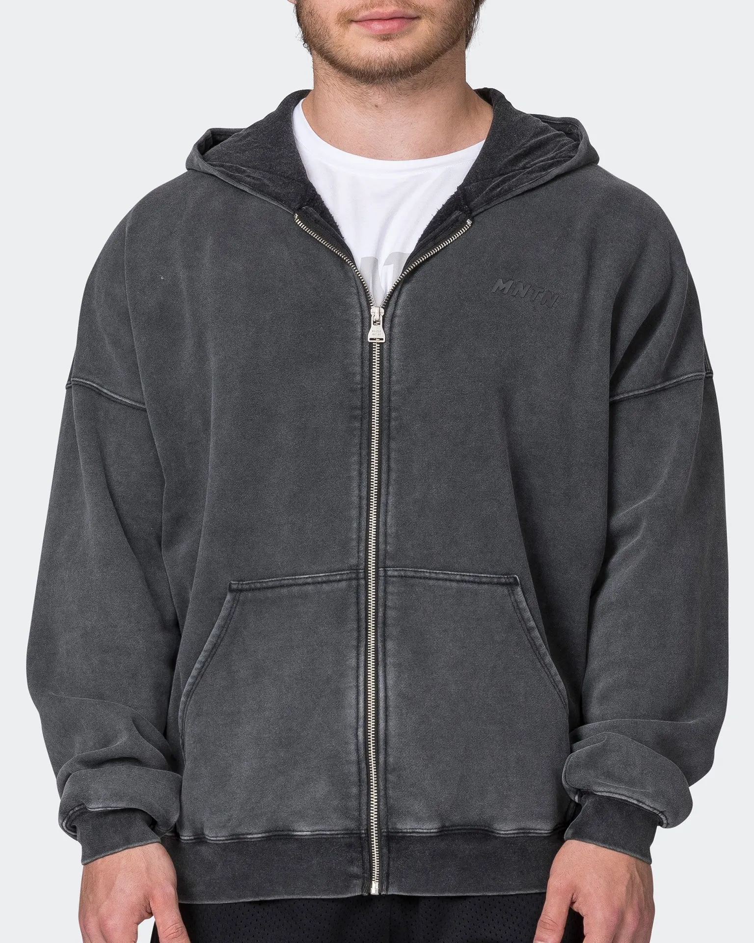 Mens Vintage Oversized Zip Up Hoodie - Washed Black