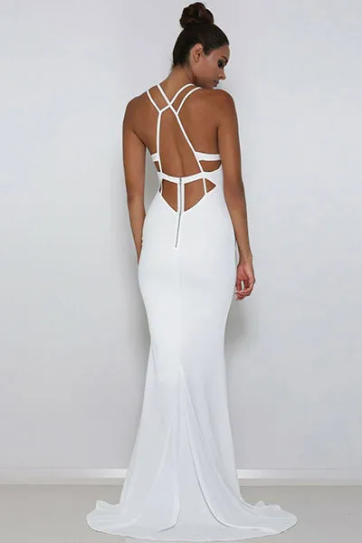 Mermaid Deep V-Neck Sweep Train White Stretch Satin Open Back Sleeveless Prom Dress C001