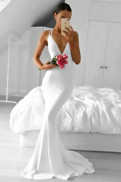 Mermaid Deep V-Neck Sweep Train White Stretch Satin Open Back Sleeveless Prom Dress C001