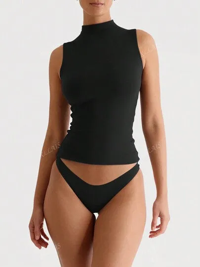 Mid Neck Sleeveless Solid Basic Top – Double Layer & Elastic Tight Fit