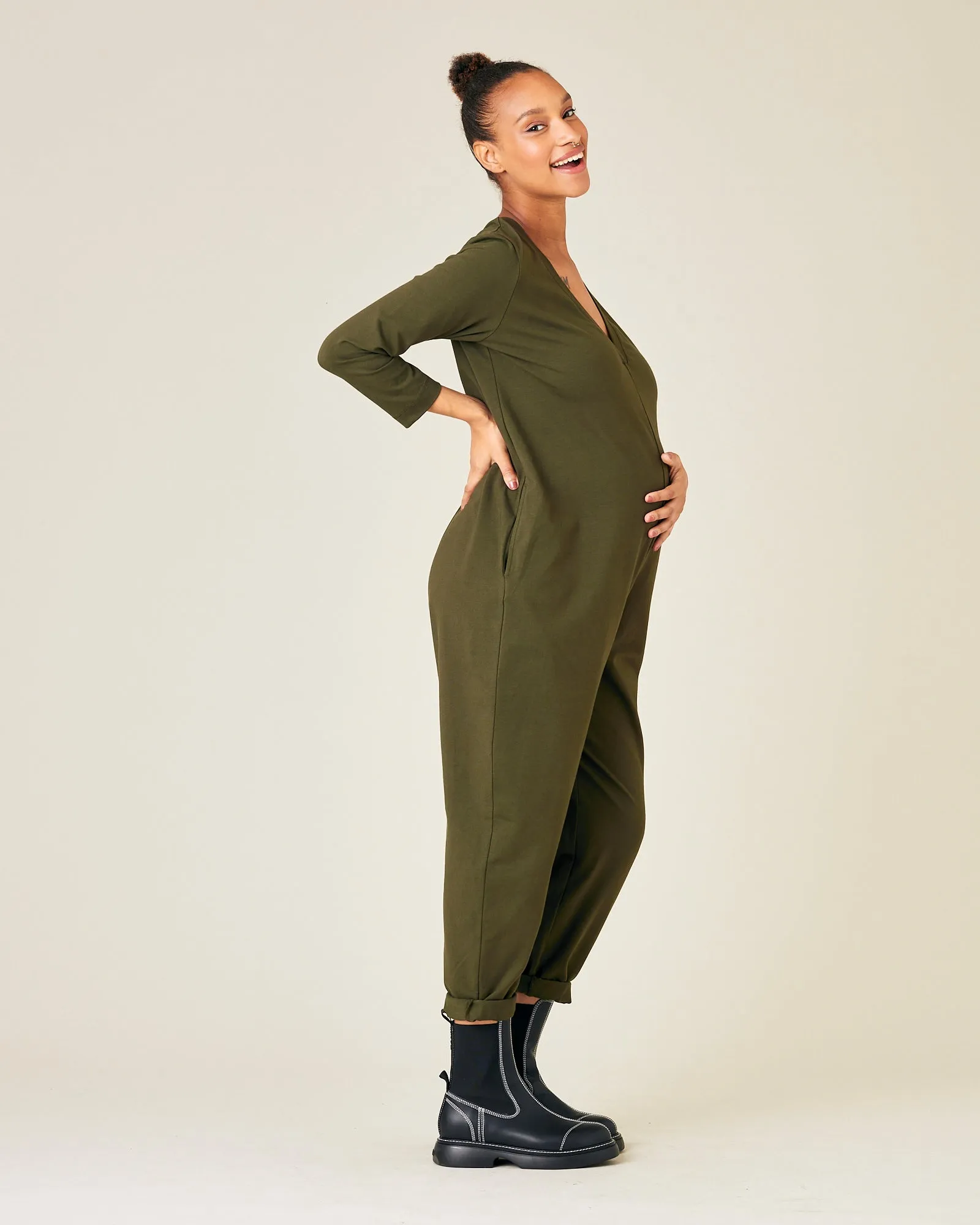 Milly Olive Cotton Jersey Jumpsuit with Pockets