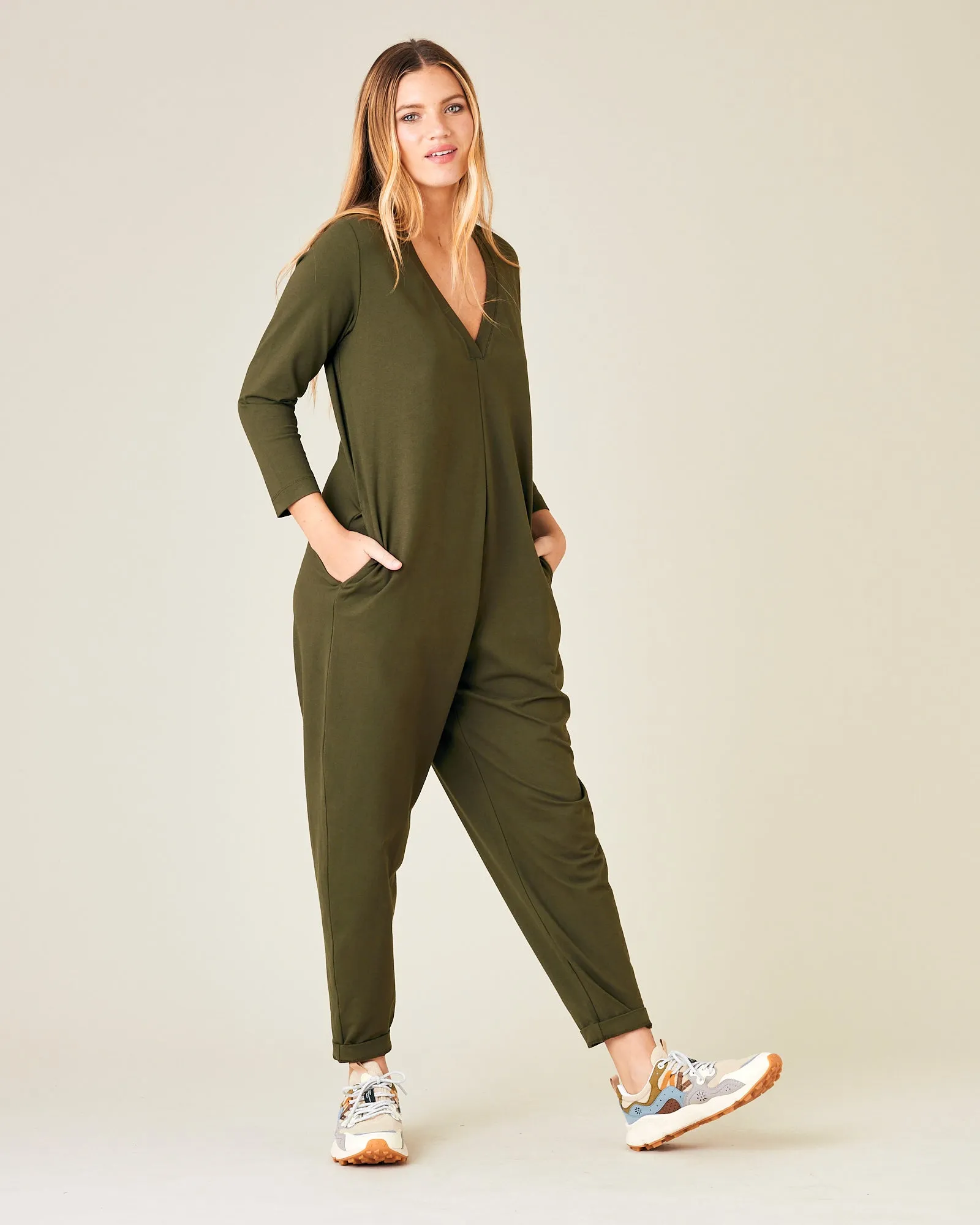Milly Olive Cotton Jersey Jumpsuit with Pockets