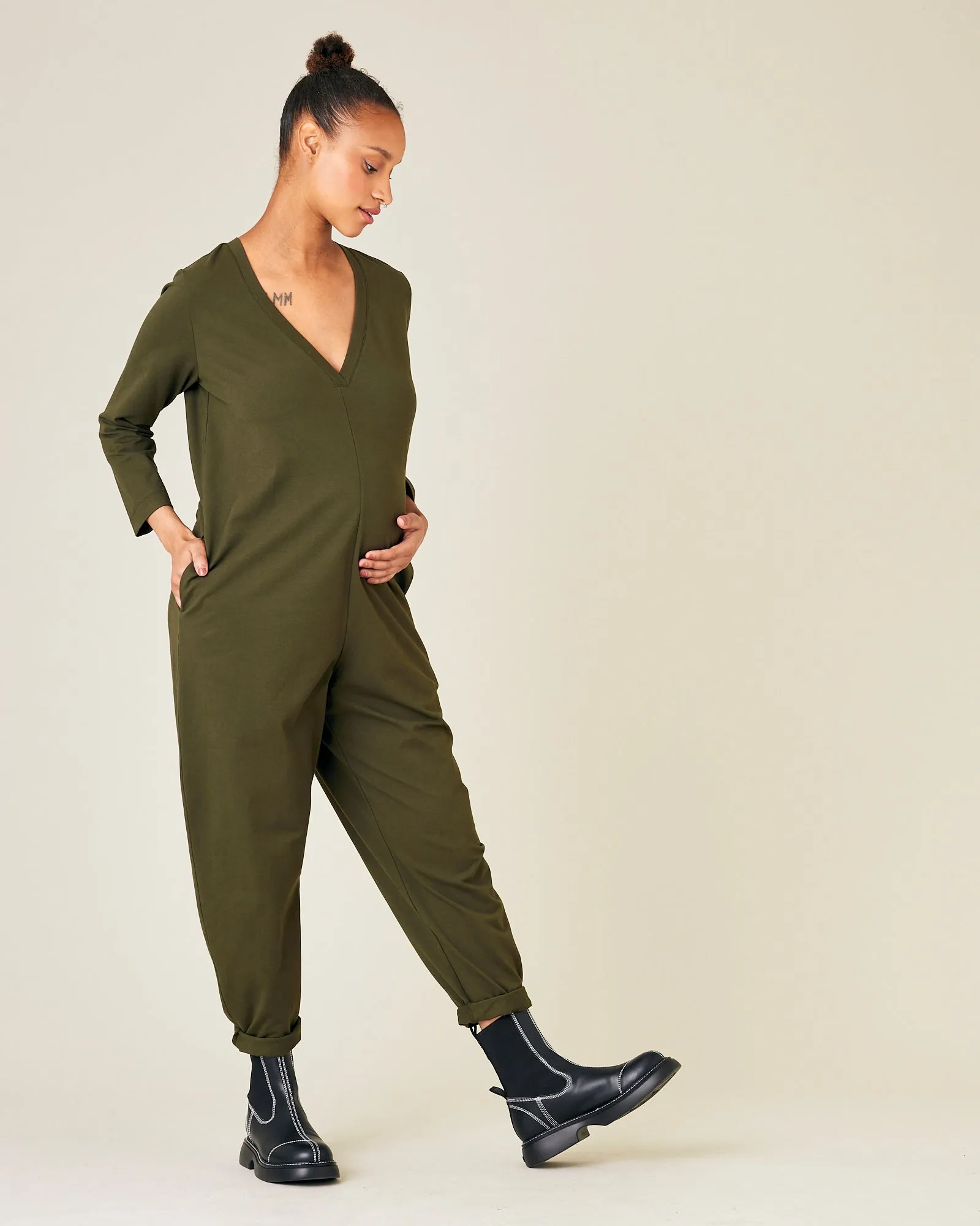 Milly Olive Cotton Jersey Jumpsuit with Pockets
