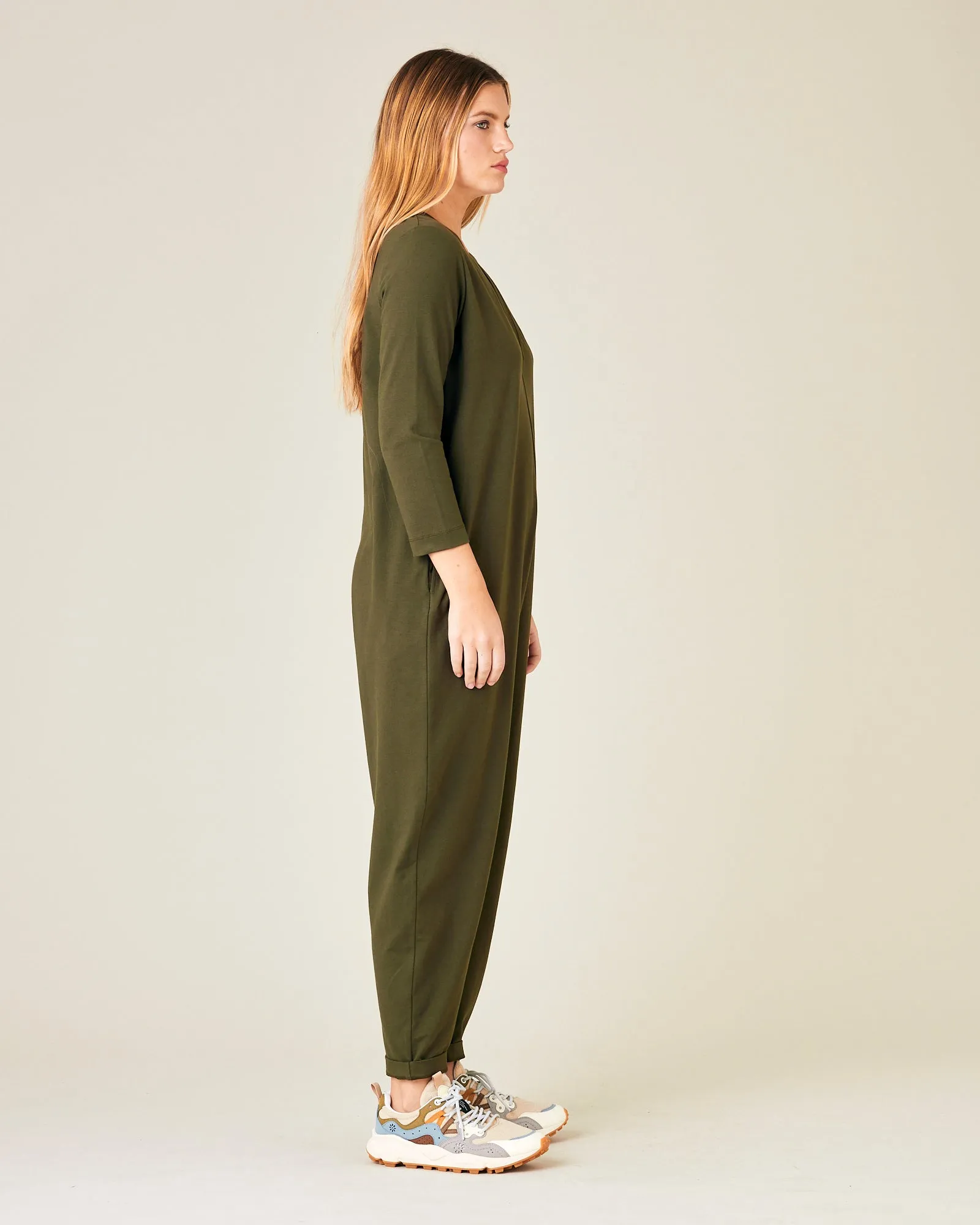Milly Olive Cotton Jersey Jumpsuit with Pockets