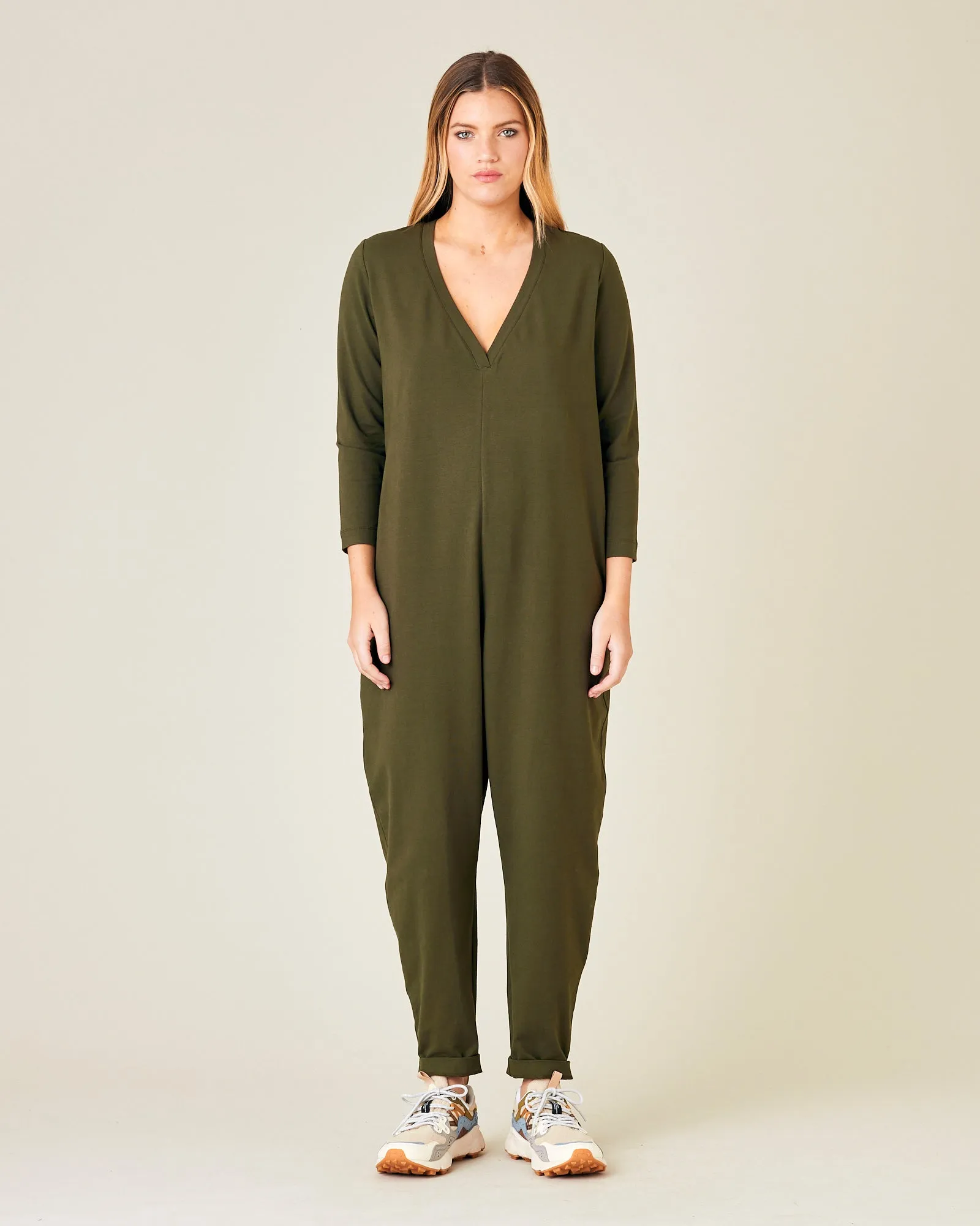 Milly Olive Cotton Jersey Jumpsuit with Pockets