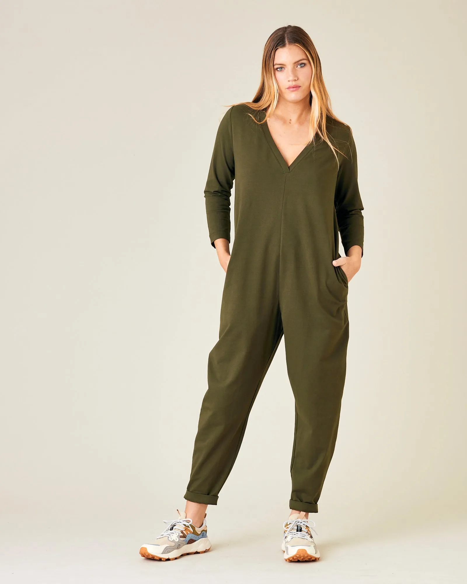 Milly Olive Cotton Jersey Jumpsuit with Pockets