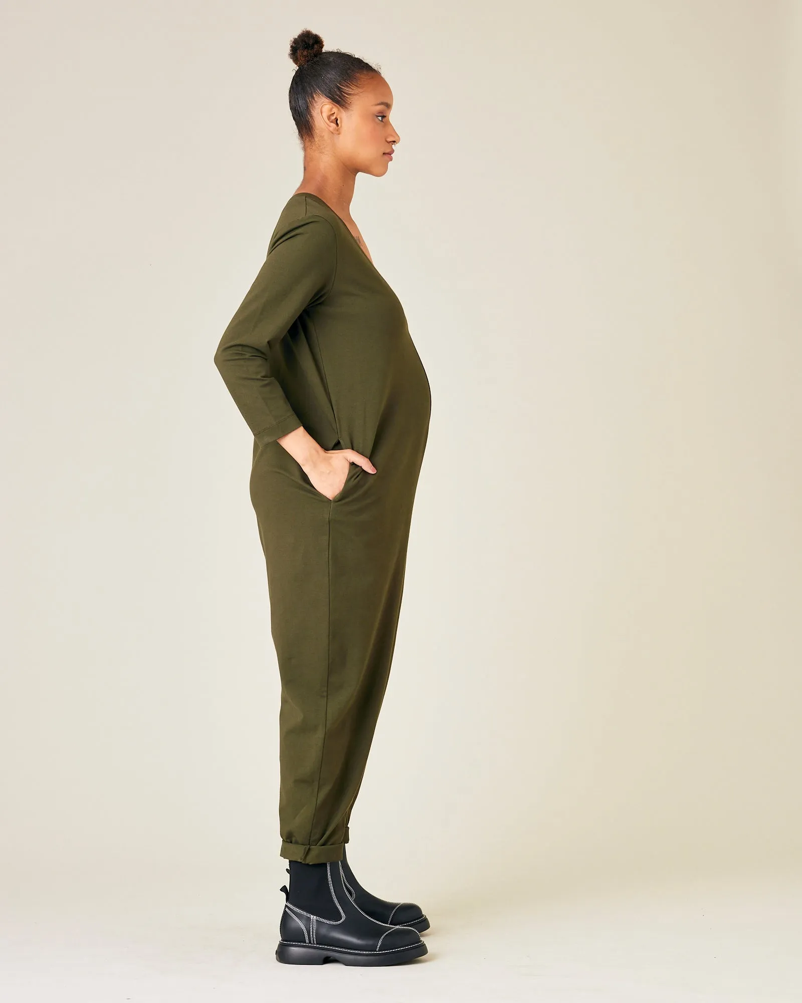Milly Olive Cotton Jersey Jumpsuit with Pockets
